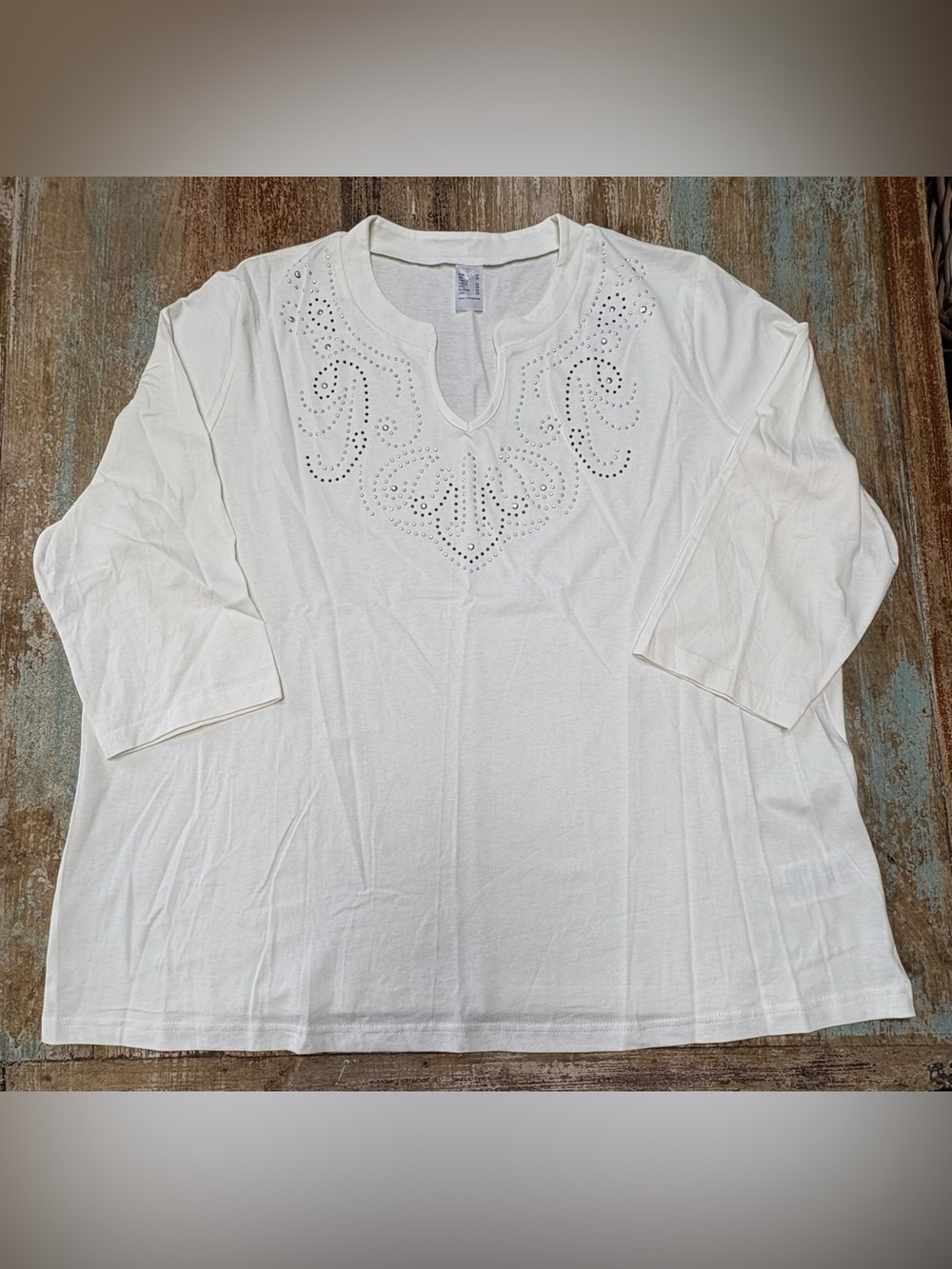 Women's Ivory Embellished Split-Neck Top